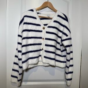 Women's Fuzzy Party Cardigan - A New Day™‎ Cream/Navy Striped - S
